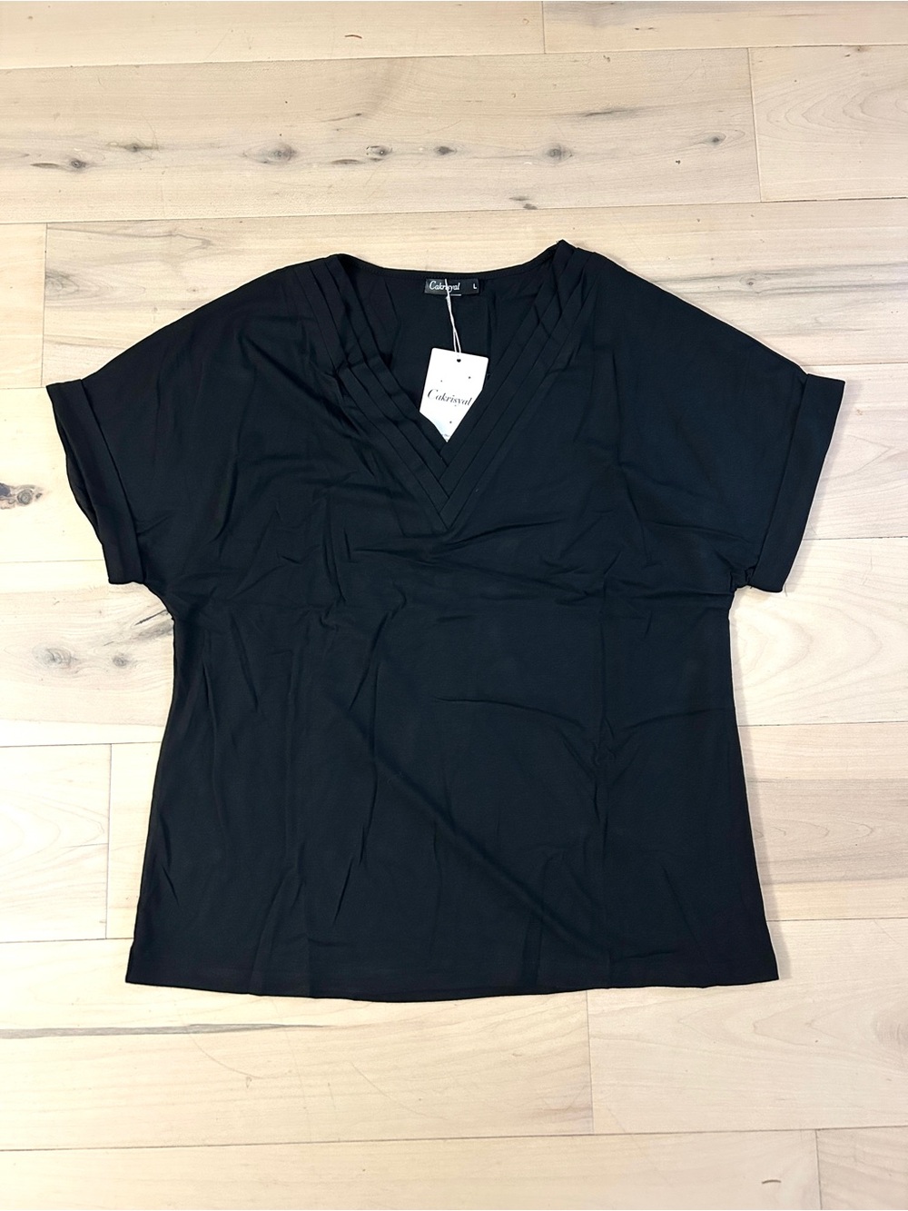 NWT Black V-Neck Top Cuffed Sleeves Stretchy Soft Large Comfy
